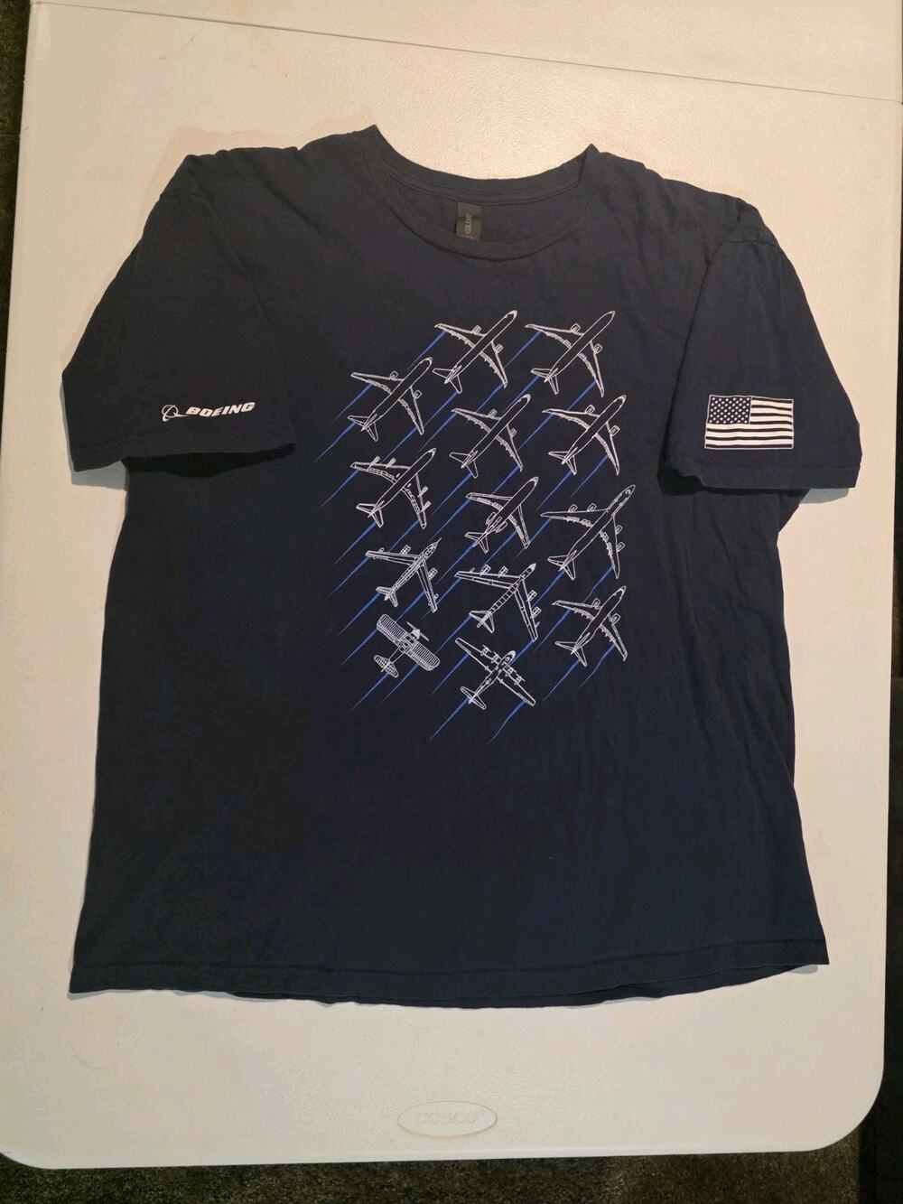 Boeing Airplane Graphic T Shirt Mens Large Navy USA Flag Sleeve Aviation Tee